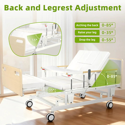 Fully Electric Hospital Bed For Home Use With Premium Mattress And Built In Guardrails showing back and legrest adjustment angles