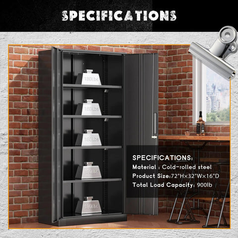 72 Inch Black Steel Locking Cabinet With Doors And 4 Adjustable Shelves, Heavy Duty Garage Storage Locker, showing open shelves