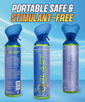 99.99 Percent Pure Oxygen On The Go Can With Mask; 10L Portable Oxygen Tank in blue with labeling, front and back view