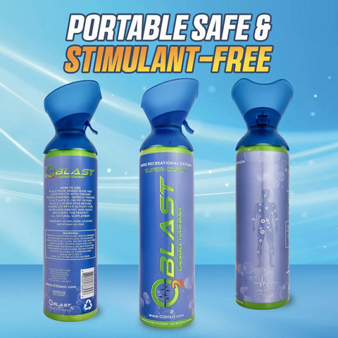 99.99 Percent Pure Oxygen On The Go Can With Mask; 10L Portable Oxygen Tank in blue with labeling, front and back view