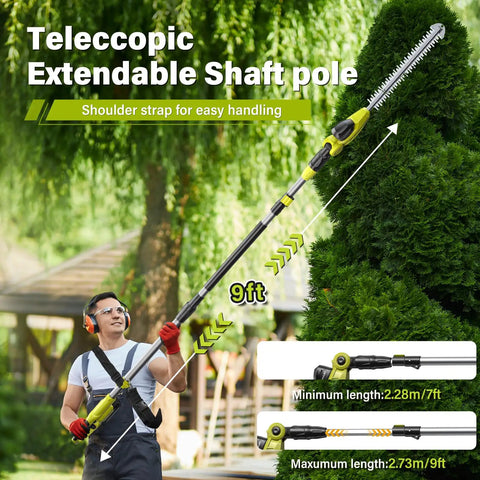 Man using 20V Cordless Pole Hedge Trimmer With 20 Inch Blades 9 Feet Reach Extension Pole For Shrubs Pruning Multi Angle Head