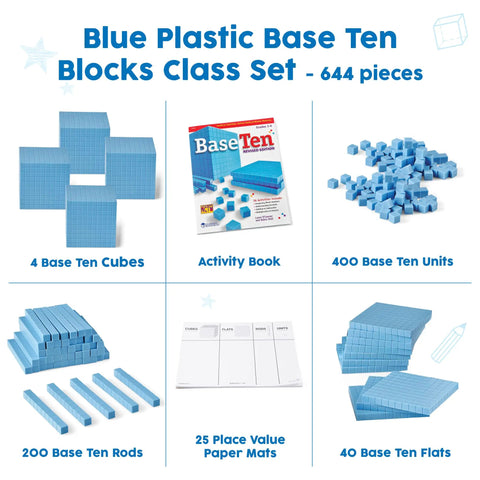 Blue Plastic Base Ten Blocks Set for Kids, Place Value Manipulatives with cubes, units, rods, flats, and activity book
