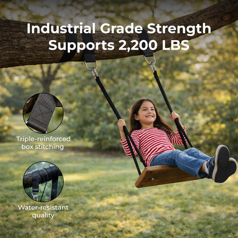 Child on swing using Heavy Duty Tree Swing Straps And Hammock Straps Kit For Trees, showcasing reinforced stitching and D-ring mounts
