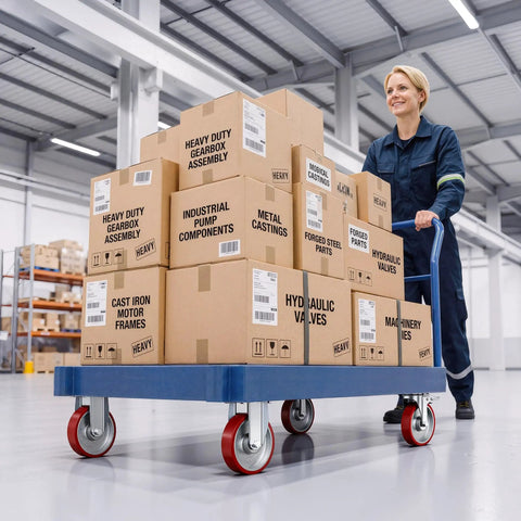 Heavy Duty Five Inch Industrial Grade Caster Wheels With Total Locking Brakes Smooth Rolling Set Of Four 2204 Pound Capacity For Shop Carts And Tool Chests on a cart with boxes in a warehouse.