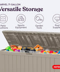 Marvel Plus 71 Gallon Resin Outdoor Storage Box for Patio Cushions Throws Garden Tools and Pool Floats All Weather Wood Look Beige Deck Storage Bin Outdoors open with colorful items inside.