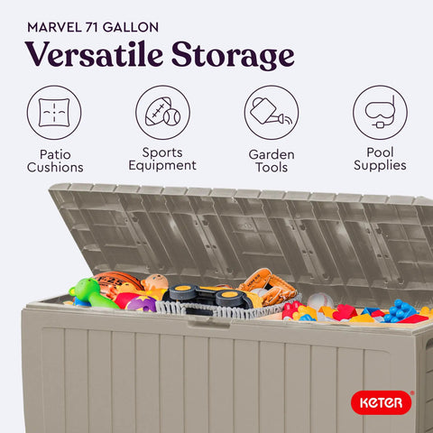 Marvel Plus 71 Gallon Resin Outdoor Storage Box for Patio Cushions Throws Garden Tools and Pool Floats All Weather Wood Look Beige Deck Storage Bin Outdoors open with colorful items inside.