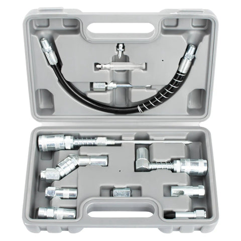 12 Piece Grease Gun Coupler Set For Hard To Reach Fittings With Heavy Duty Zerk Adapters And Hose Holder Universal Accessory Kit