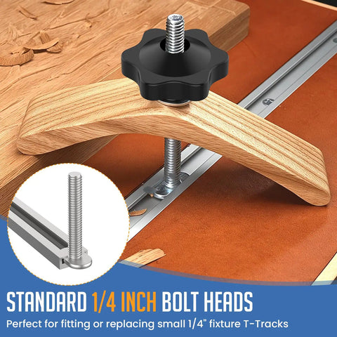 Track Bolts Kit 40 Pieces 1/4-20 For T Slot Tracks Four Lengths 2-1/4 In 1-1/2 In 1-1/4 In 1 In shown in woodworking setup