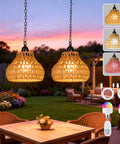 Rechargeable Cordless Outdoor Chandelier 2 Pack Colorful Hanging Pendant Lights With Remote No Wiring For Yard Gazebo Super Slick Night Vibes Easy Install Lowkey Awesome Setup, rustic woven lights in backyard.