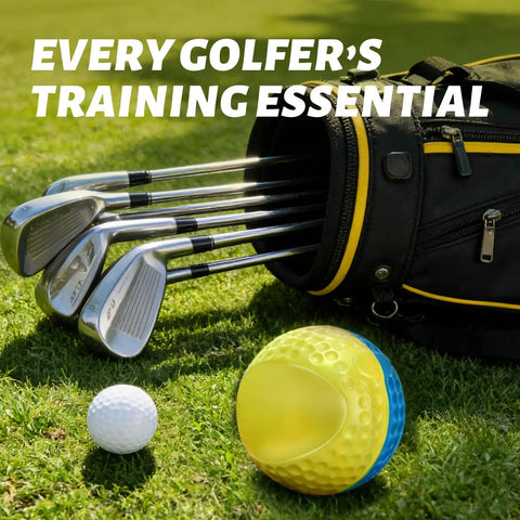 Golf bag with clubs, Forearm Connection Golf Swing Trainer for Consistent, Precise Swings, ball and tee on grass