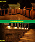 Outdoor Solar Deck Lights Set Of 6 Dope 7 Color RGB Waterproof Step Lights illuminating deck railing and stone steps