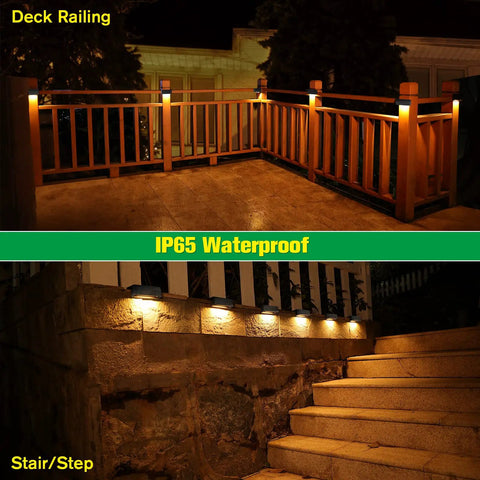 Outdoor Solar Deck Lights Set Of 6 Dope 7 Color RGB Waterproof Step Lights illuminating deck railing and stone steps