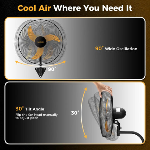 20 Inch Wall Mount Oscillating Fan With 600D Oxford Cover, showing 90° oscillation and 30° tilt, ideal for garage use.