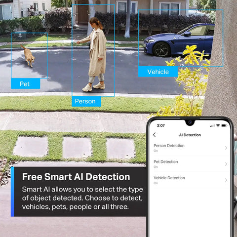 AI detection of person, pet, vehicle on screen with ColorPro 2K QHD Outdoor Camera With Daylight Clarity At Night Plug In PoE 127 Degree View