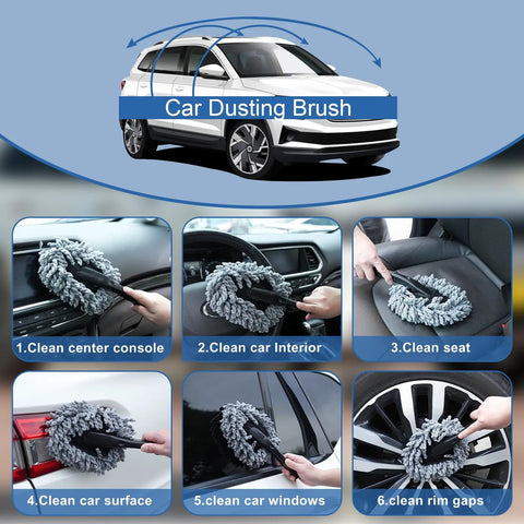 Windshield Cleaner Tool And 13 Piece Car Interior Cleaning Kit with brushes and gel demonstrating car cleaning steps