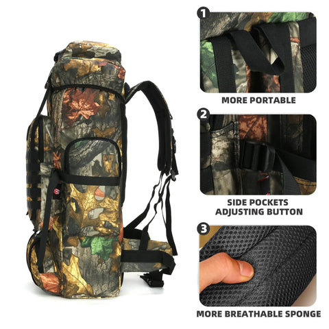 70L Tactical Camping Backpack For Outdoor Adventures, Rugged 600D Waterproof Oxford Rucksack With MOLLE and camo print, side view