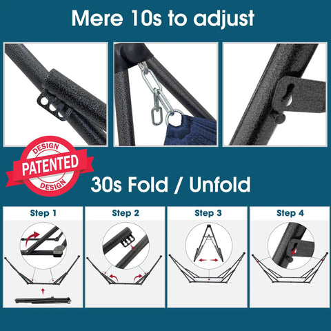 Foldable Hammock Stand For Camping And Home Use setup process, collapsible double hammock set with 600 lbs capacity, premium steel frame.