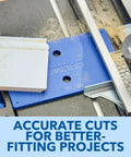 Close-up of Badass Portable 12V Cordless Circular Saw Station cutting wood with a blue miter gauge for accurate trimming.