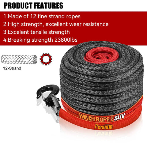 Premium Synthetic Winch Rope Three Eighths Inch By One Hundred Feet, 23800 Lbs Break Strength, Waterproof And UV Resistant