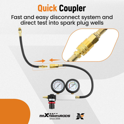 maXpeedingrods cylinder leak-down tester kit with dual gauges, brass fittings, extension rod, front view