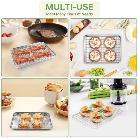 Toaster Oven Pan With Rack Set 9 Inch By 7 Inch Stainless Steel used for baking bacon, pastries, cookies, and appetizers
