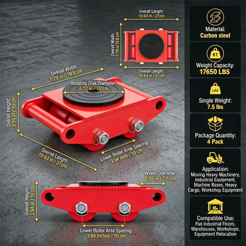 8 Ton 17650 Lb Capacity Machinery Moving Dolly With Roller Skate Wheels, 360 Degree Rotatable PU Directional Rollers, Reinforced Carbon Steel Industrial Mover Equipment, Red, product dimensions and specifications diagram.