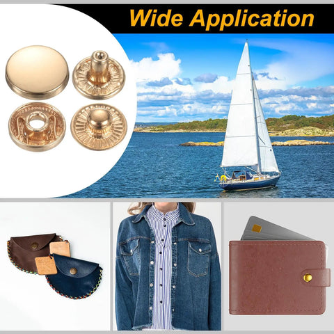 Three 15mm gold brass snap buttons next to a denim jacket, showcasing 24 Pair Pro-Grade Brass Snap Buttons 15mm Gold Press Studs Fastener Kit.