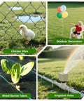 Collage showing uses of 12 Inch Garden Stakes Set Of 50 Heavy Duty Galvanized Ground Spikes for fencing, chicken wire, irrigation, and weed barrier.