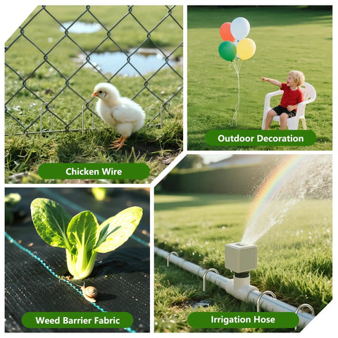 Collage showing uses of 12 Inch Garden Stakes Set Of 50 Heavy Duty Galvanized Ground Spikes for fencing, chicken wire, irrigation, and weed barrier.