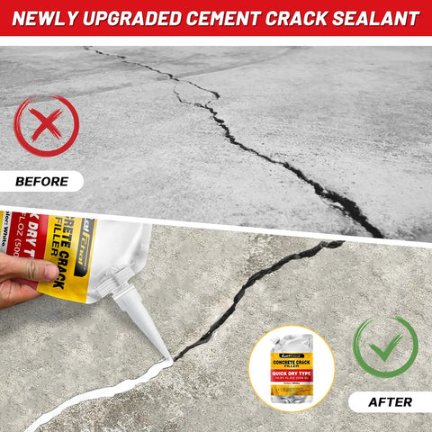 Self Leveling Concrete Crack Filler for Driveways and Patios Fast Drying Cement Repair applied to fill visible pavement crack.