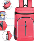Watermelon Red Soft Cooler Backpack Insulated Leak Proof Cooler Bag, 30L capacity, showing compartments for drinks, snacks, and gadgets