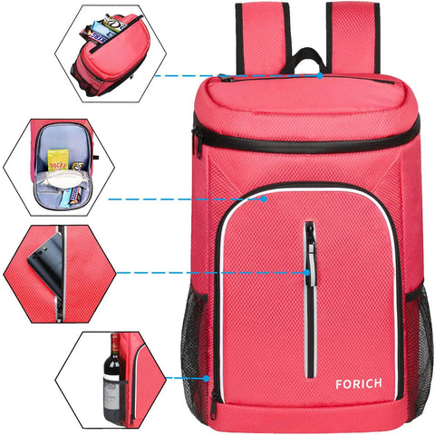 Watermelon Red Soft Cooler Backpack Insulated Leak Proof Cooler Bag, 30L capacity, showing compartments for drinks, snacks, and gadgets