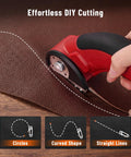 Katerk 4.4V Cordless Electric Scissors & Cardboard Cutter With 2pcs Blades cutting leather effortlessly with a red handle.