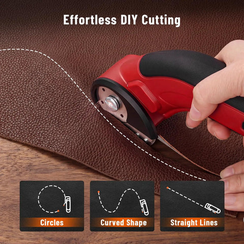 Katerk 4.4V Cordless Electric Scissors & Cardboard Cutter With 2pcs Blades cutting leather effortlessly with a red handle.