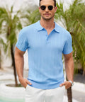 Man wearing Mens Knit Polo Shirt Short Sleeve Golf Polo With Classic Fit Lightweight Textured Knit Ribbed Hem, light blue