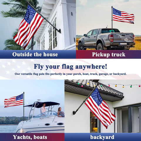 Five Foot Flag Pole Kit With 3x5 American Flag For House Outdoor Use Built Tough Rustproof Stainless Steel Holder Adjustable Four Section Pole 360 Degree Rotating Rings To Prevent Wrapping Black Finish displayed on house, truck, yacht, and backyard.