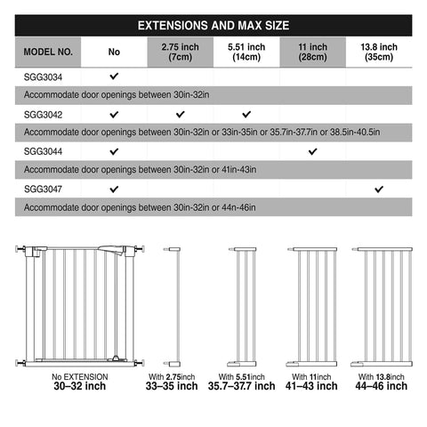 Chart of Walk Through Baby Gate With Auto Close Metal Expandable Gate For Stairs And Doorways Pressure Mount Setup Includes 11 Inch Extension 44 Inch Wide White Kid And Pet Safe Easy Install showing extension sizes and adjustments.