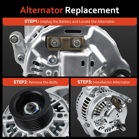 Bolt-On Alternator Replacement Fit For 1991-1998 Wrangler Cherokee Grand Cherokee 2.5L 4.0L V4 V6 TJ Comanche Dakota 1991-1998 4.0L 2.5L High Output Auto Part 13341N 56005685AB shown in detailed installation steps