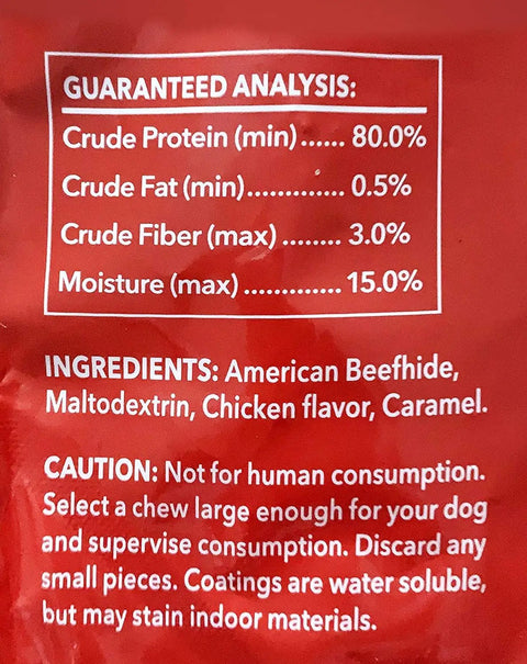 Ingredients and nutrition details for Beefhide Chips Dog Chew Treats Chicken Flavor 22 Oz American Made Thick 100 Percent Natural Rawhide From US Cattle Great For Tough Chewers No Additives.
