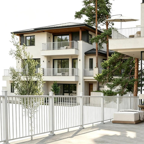 Badass 3Ft White Deck Railing Kit For Outdoor Porch Patio Balcony With Hella Tough Aluminum Posts That Pass Ibc Astm Codes And Handle A Solid 500 Pound Impact Without Flinching Smooth Install Guaranteed displayed around modern building.