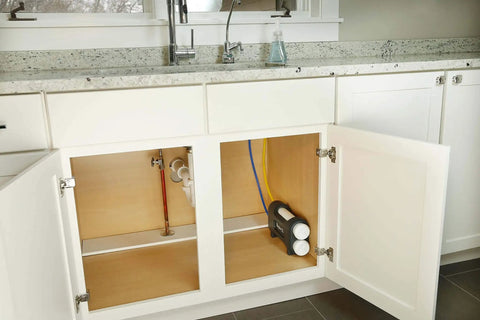 Under Sink Water Filtration System With Chrome Faucet, 2-Stage UltraEase Filters, Space Saving Cabinet, open cabinet view.