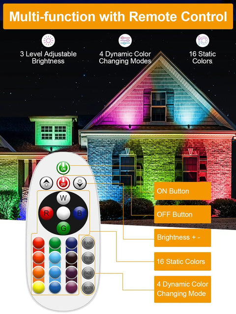 12W RGB Low Voltage Landscape Lights Kit With Dimmable Color Changing Outdoor Spotlights IP66 Waterproof 12V 24V, house lit in vibrant colors