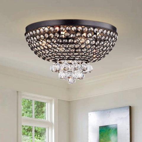 Antique Bronze Crystal Ceiling Lamp Pendant Four Light Flush Mount With Crystal Shade ETL Listed Brown Finish in living room