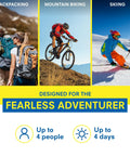 Backpacking, mountain biking, and skiing activities highlighted for Ultralight Watertight Medical Kit.9 For Up To 4 People And 4 Days.