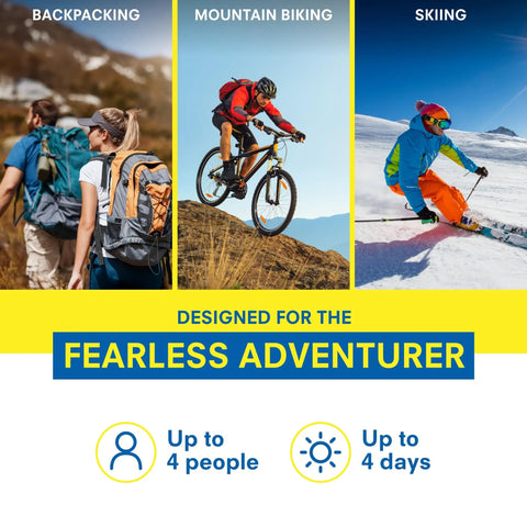 Backpacking, mountain biking, and skiing activities highlighted for Ultralight Watertight Medical Kit.9 For Up To 4 People And 4 Days.