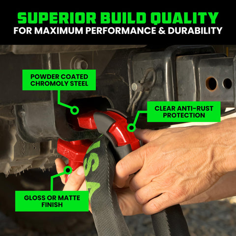 Attaching red Heavy Duty Super D Ring Shackles 2 Pack With 70,548 Lb Break Strength to vehicle bumper for towing