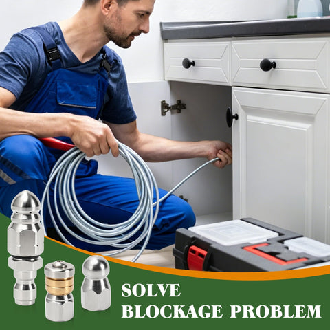 Three Pack Sewer Jetter Nozzle Kit With Stainless Steel Rotating Button Nose And Fixed Nozzles For One Quarter Inch Quick Connect Wands Up To Five Thousand PSI Perfect For Clearing Clogs In Drains Pipes And Sewer Lines With Your Pressure Washer shown in use under a sink by a worker with a hose.