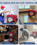 Pro Grade Heavy Duty Air Scrubber With 3 Stage Filtration Stackable Negative Air Machine shown in various job scenarios.