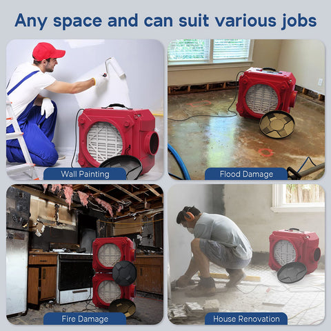 Pro Grade Heavy Duty Air Scrubber With 3 Stage Filtration Stackable Negative Air Machine shown in various job scenarios.