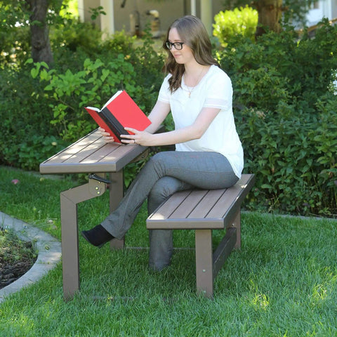 Convertible Bench To Table In Seconds Outdoor Furniture With Faux Wood Look no fuss one person setup, used as table outdoors.